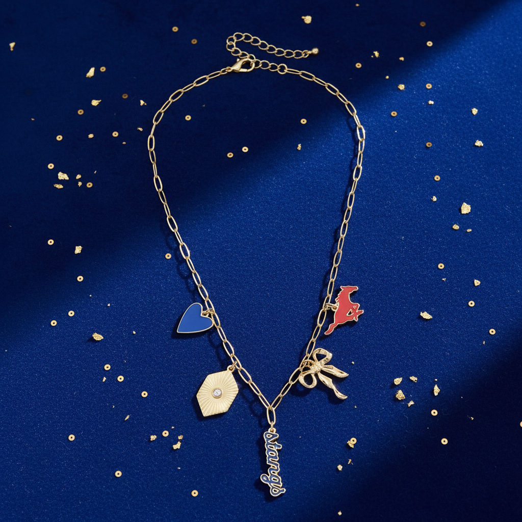 SMU Mustangs Charm Necklace Flat Lay Gold Chain