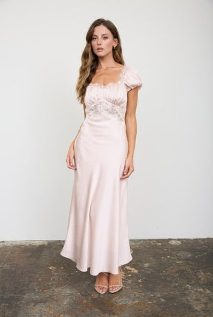 Lace Trim Satin Wedding Guest Midi Dress
Champagne satin wedding guest midi dress with delicate lace trim, sheer lace waist panel, sweetheart neckline, gathered bust, short puff sleeves, flattering fitted waist, fully lined finish, elegant special occasion dress.