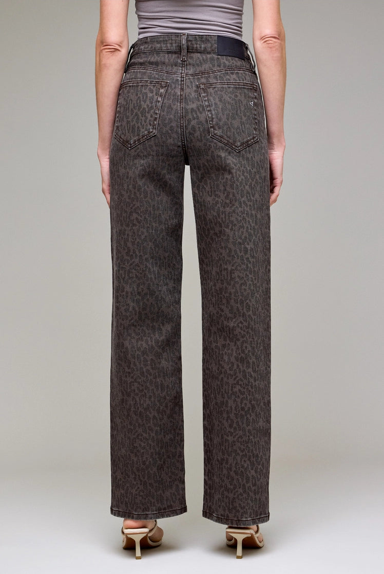 Trendy women’s cheetah print jeans in a brown animal print design with a flattering straight-leg fit, comfortable stretch denim, five-pocket construction, and classic rise.