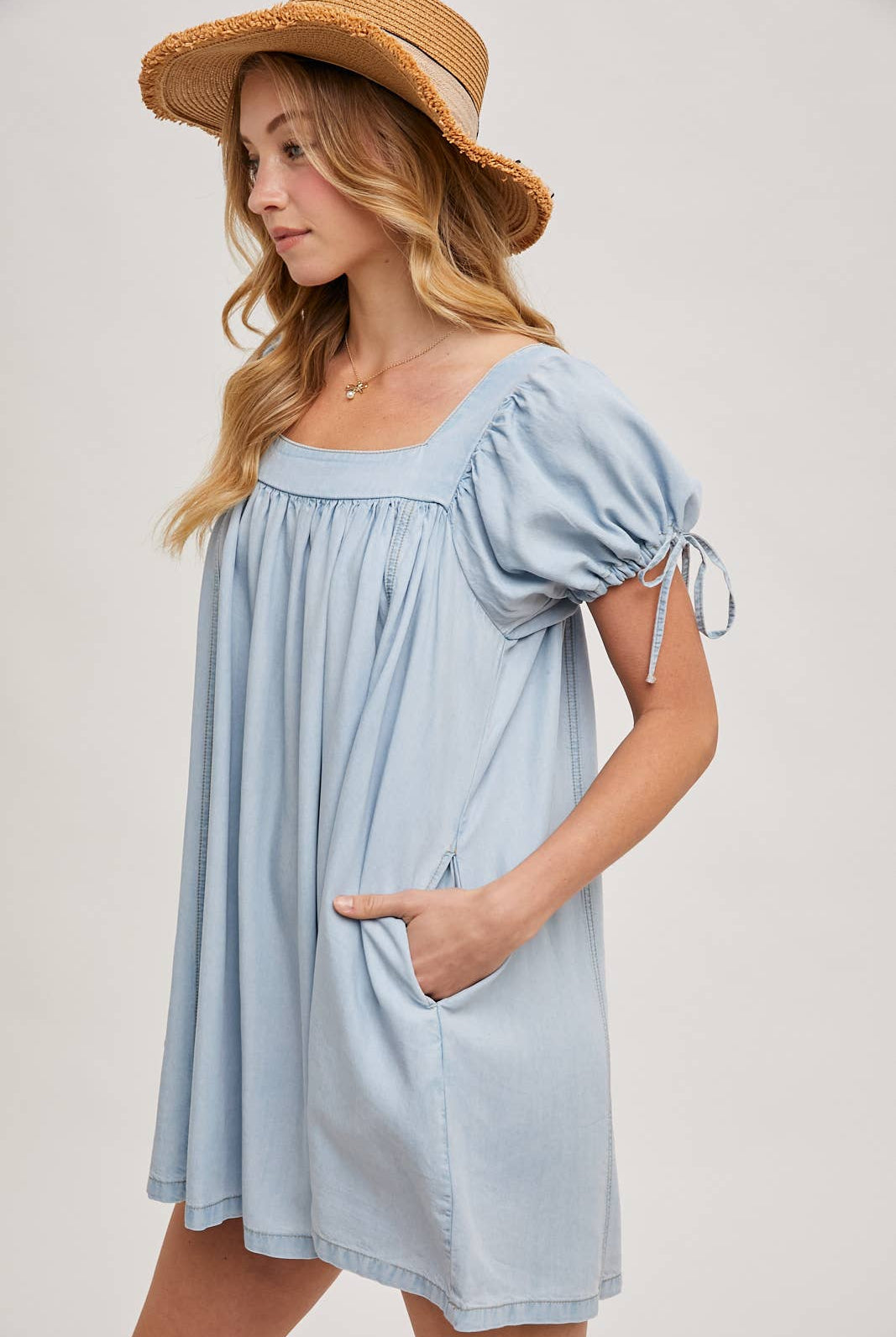 Light Blue Demim Dress puff sleeve for woman Thread Bar Boutique