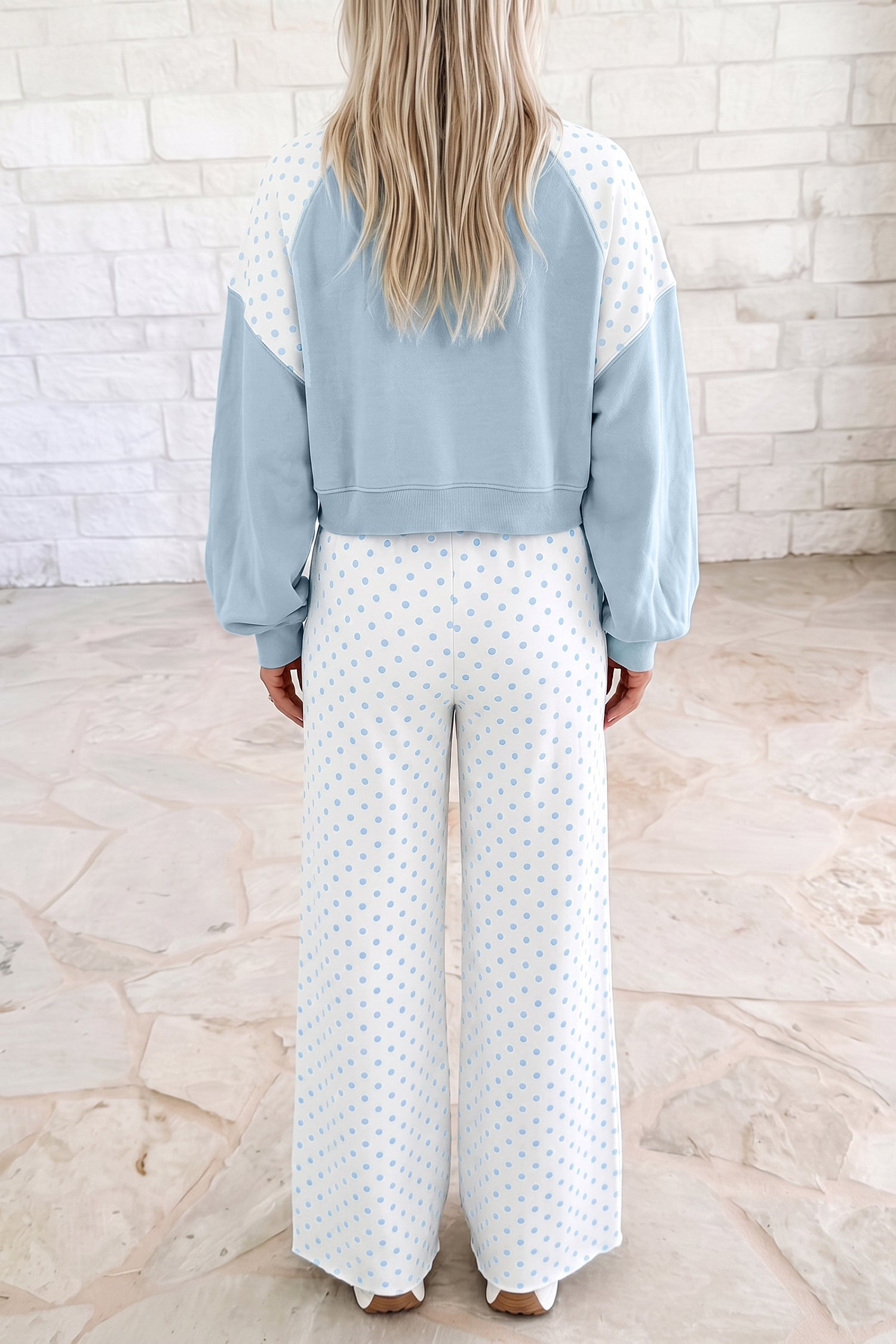 Trendy light blue polka dot matching set with a cropped long sleeve top and coordinating wide-leg pants, perfect for casual outings, brunch, travel, and comfortable everyday wear.