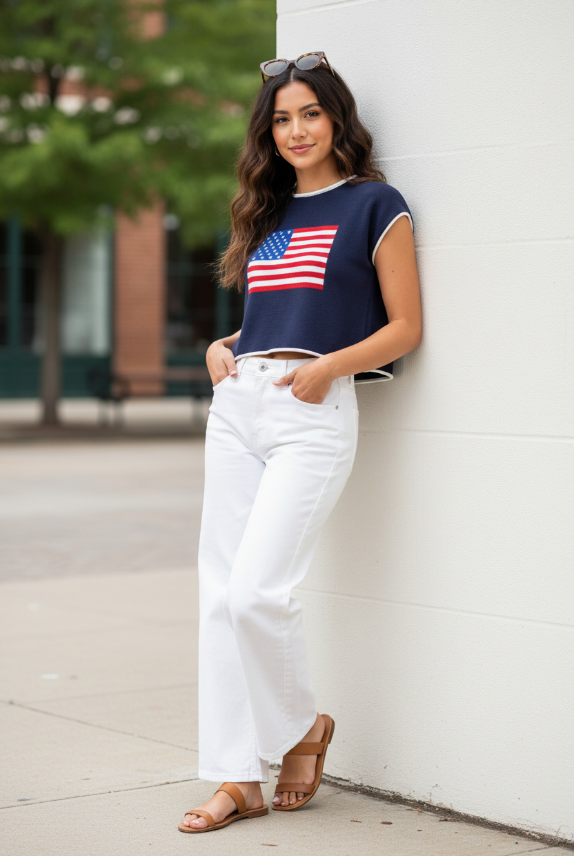 Casual Americana sweater tank with flag motif, cap sleeves, and relaxed cropped fit