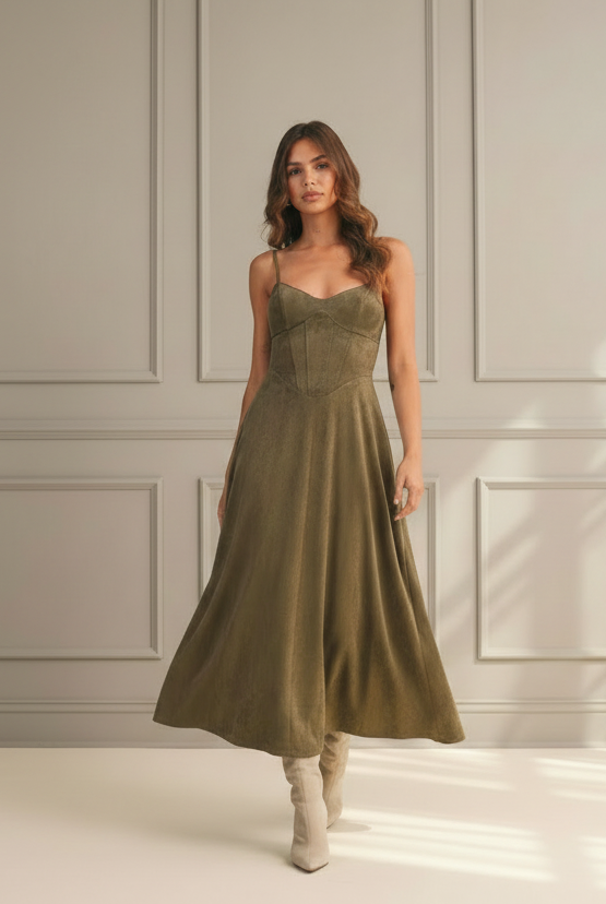 Thread Bar Boutique olive suede corset midi dress with structured bustier bodice, adjustable straps, fitted waist, and flared midi skirt