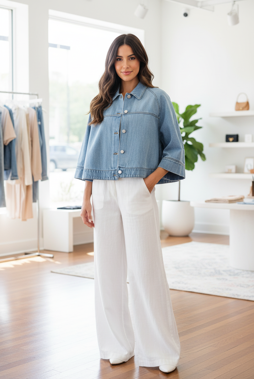 Light wash denim cape jacket by Risen with button front, collared neckline, and dramatic flowy fit