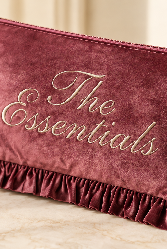Close-up of The Essentials mauve velvet ruffle makeup bag texture and embroidery great for gifting
