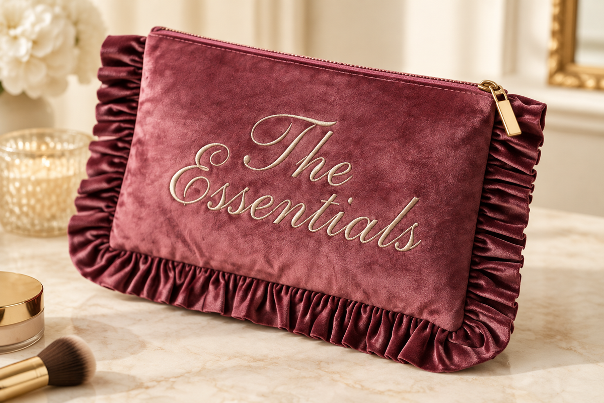 Close-up of The Essentials mauve velvet ruffle makeup bag texture and embroidery great for gifting