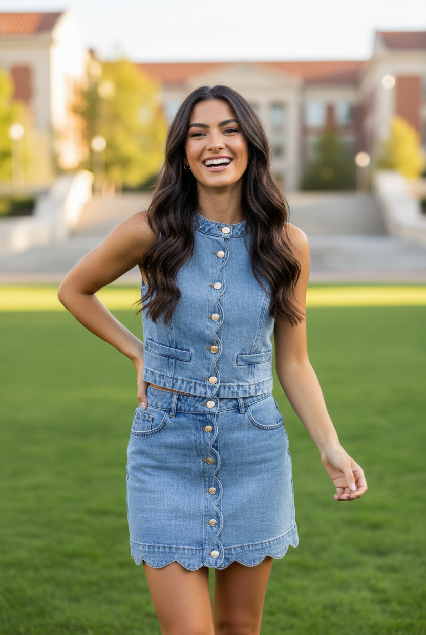 Scalloped trim denim set from Thread Bar Boutique featuring a lightweight cotton denim vest and coordinating mini skirt. Feminine boutique outfit combining classic denim style with elevated design details.