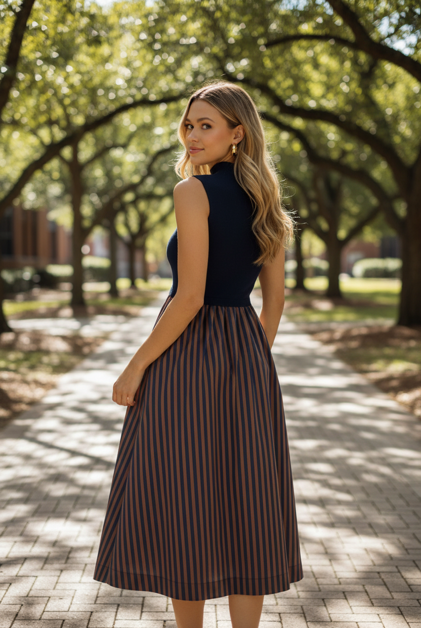 women's sleeveless mock neck midi dress with a solid bodice and contrast vertical striped skirt, designed with a relaxed fit and polished everyday silhouette.