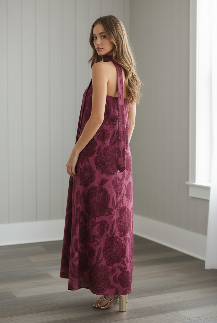 Strapless floral maxi dress with oversized flower print and detachable scarf styled as a halter neck tie