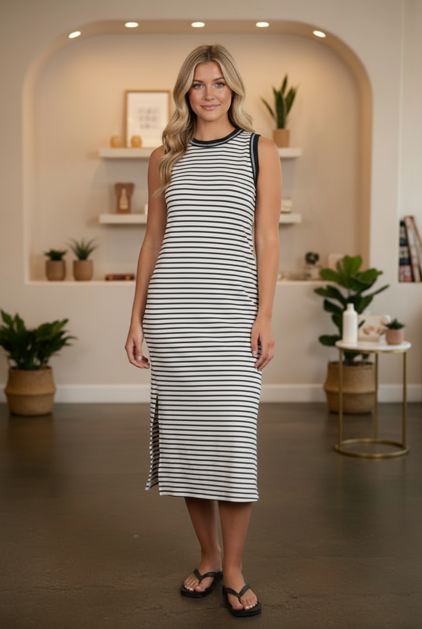 Striped knit midi dress from Thread Bar Boutique featuring a sleeveless design, contrast trim details, and a relaxed straight-fit silhouette. Comfortable boutique dress perfect for brunch, vacations, casual outings, and effortless everyday style.