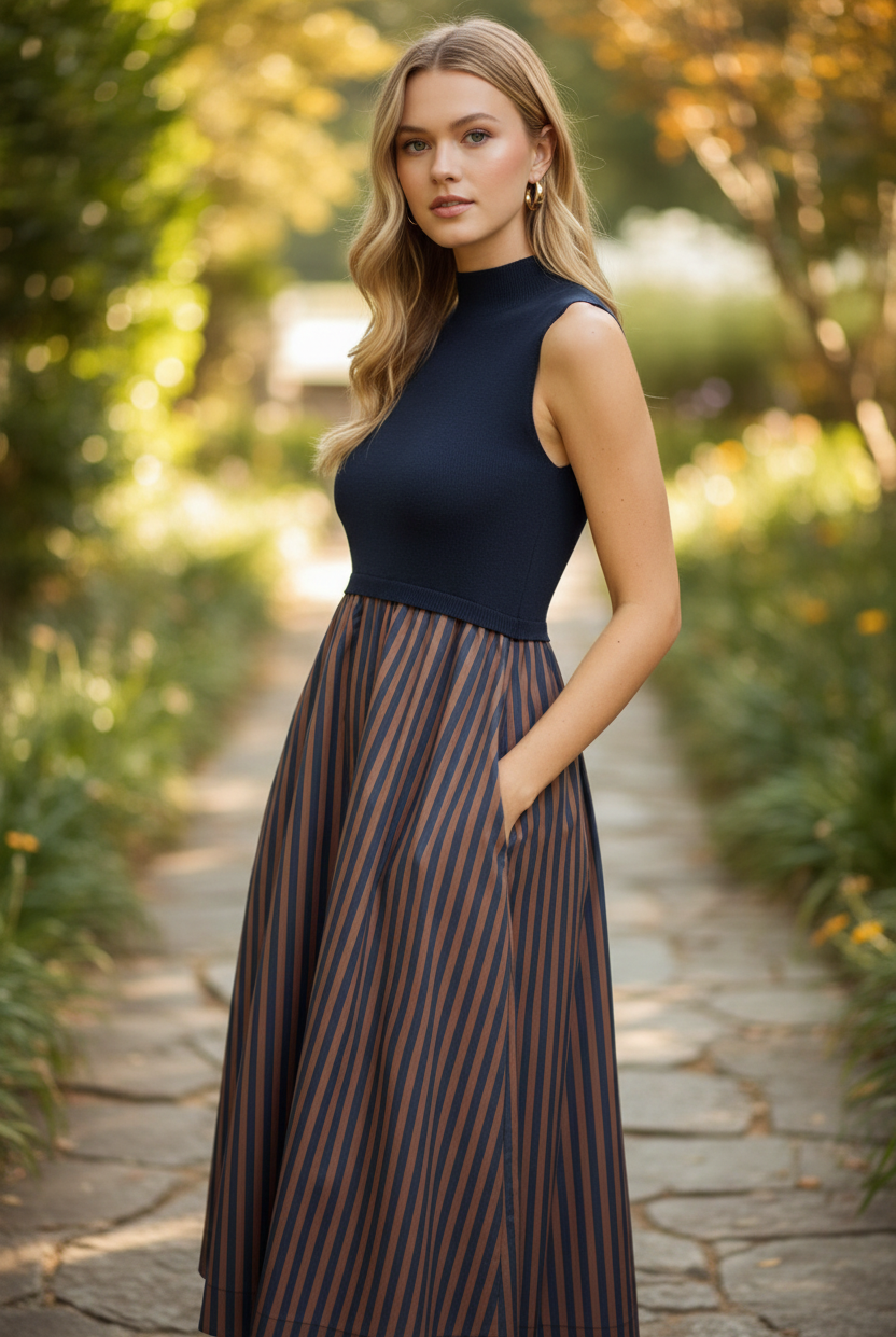 Women's striped midi dress with convenient side pockets, a solid mock neck bodice, sleeveless design, vertical contrast stripes, and a lightweight non-sheer lined skirt.