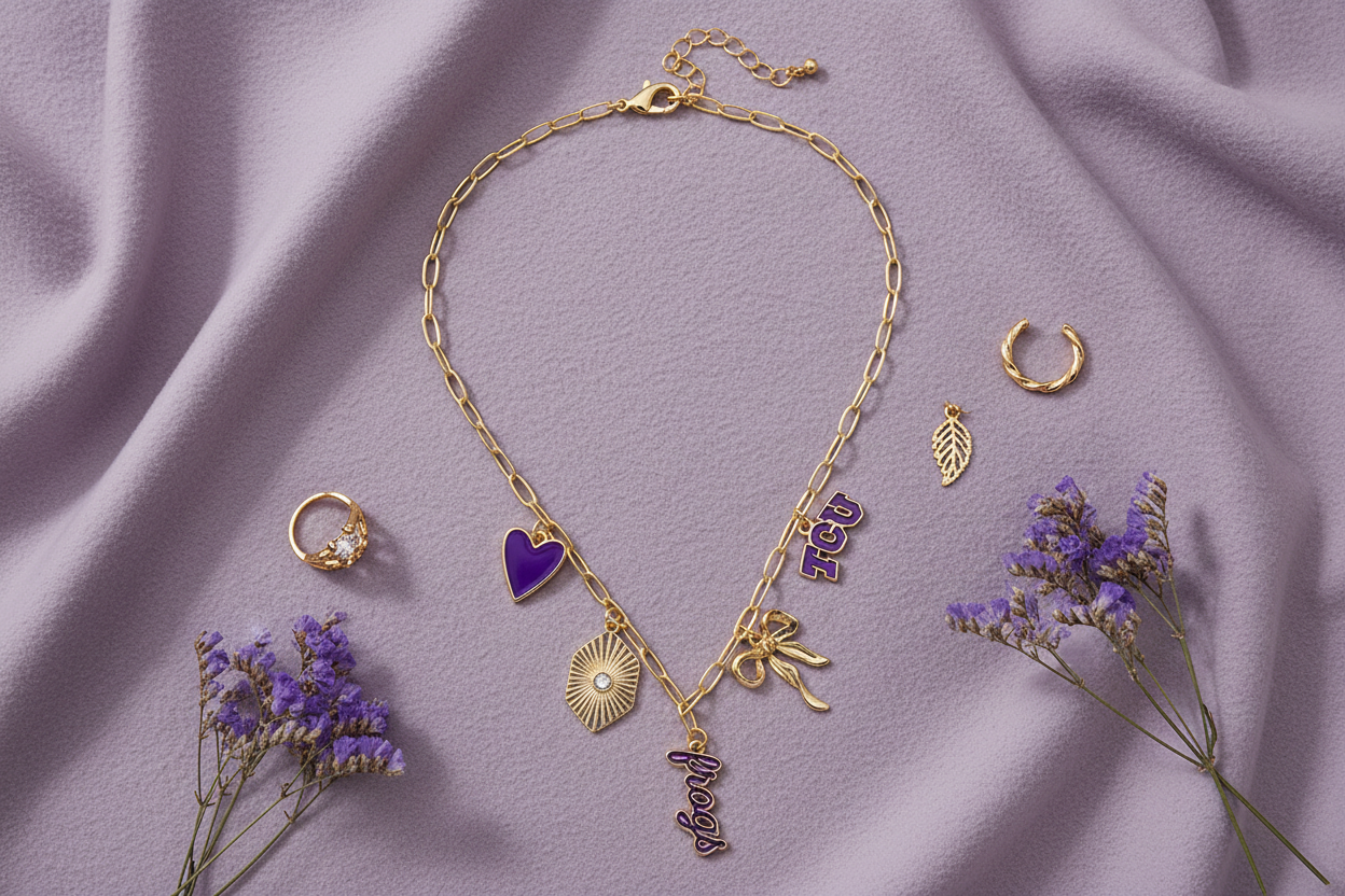TCU charm necklace flat lay for game day