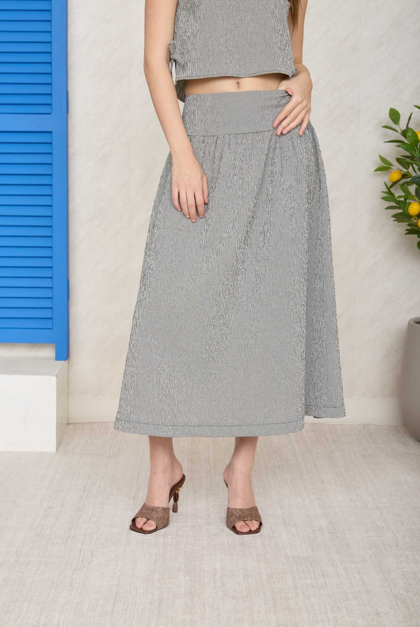 black and white checkered crop top and skirt set