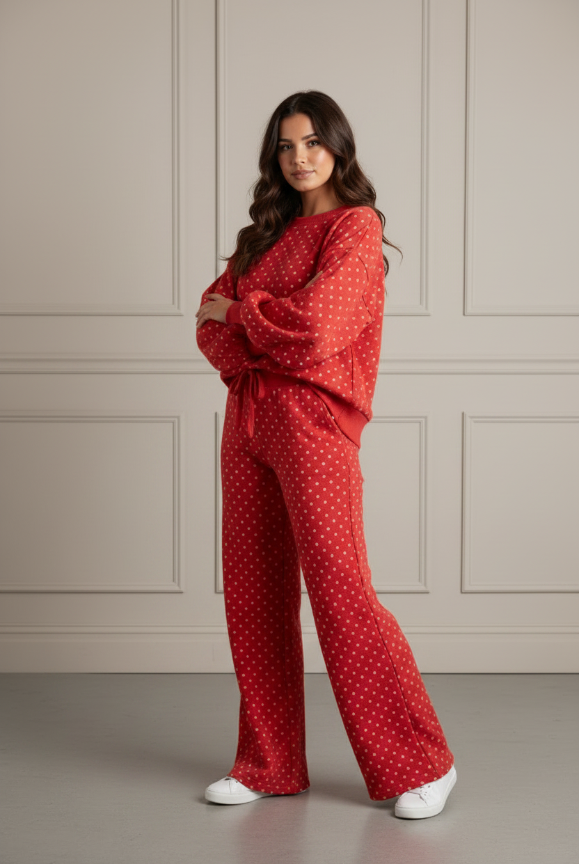 Polka dot lounge set with relaxed-fit long-sleeve shirt and comfortable high-waist pants for casual everyday wear