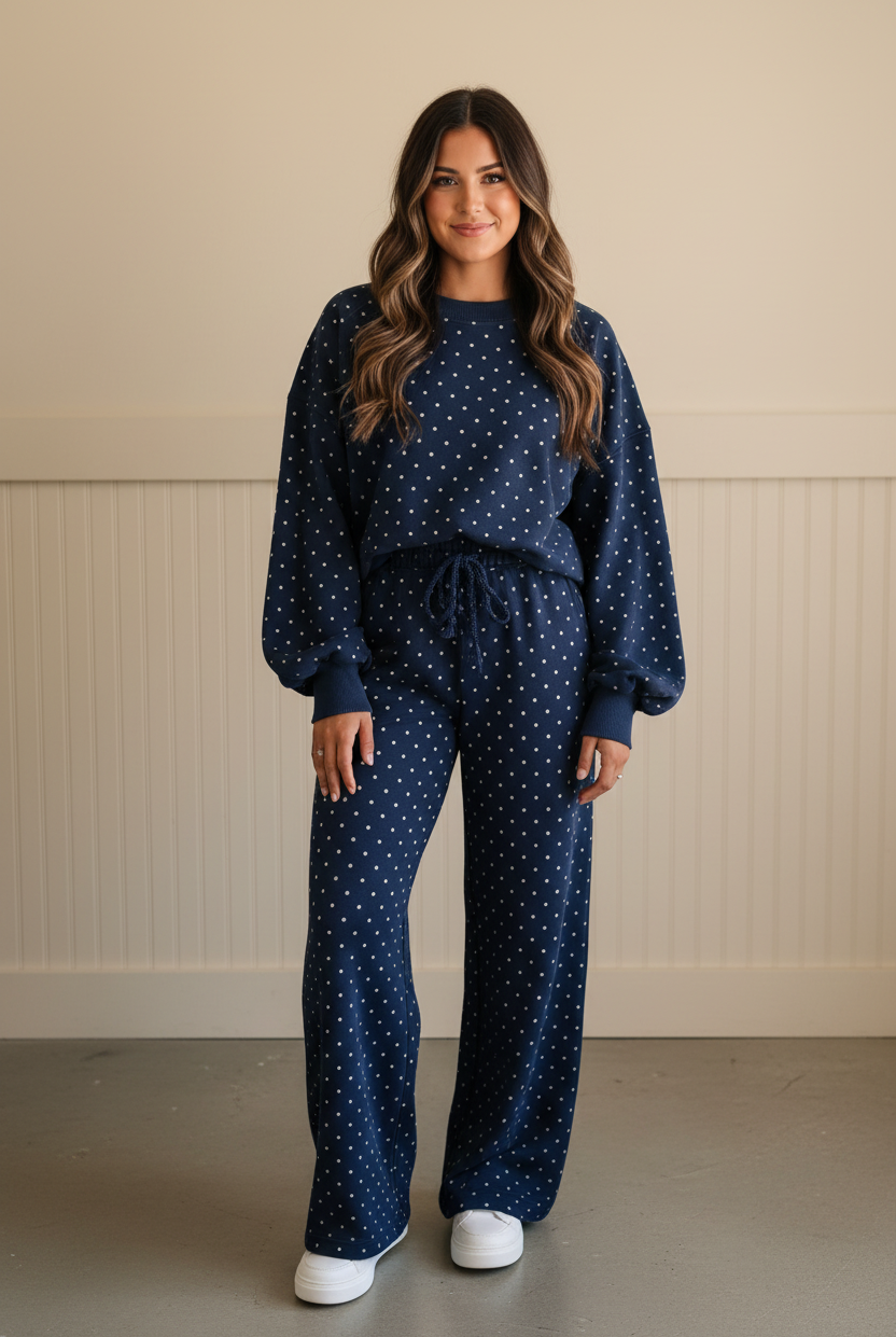 Women’s polka dot two-piece outfit with ribbed long sleeves, cuffed hems, high-waist pants, and adjustable drawstring waist