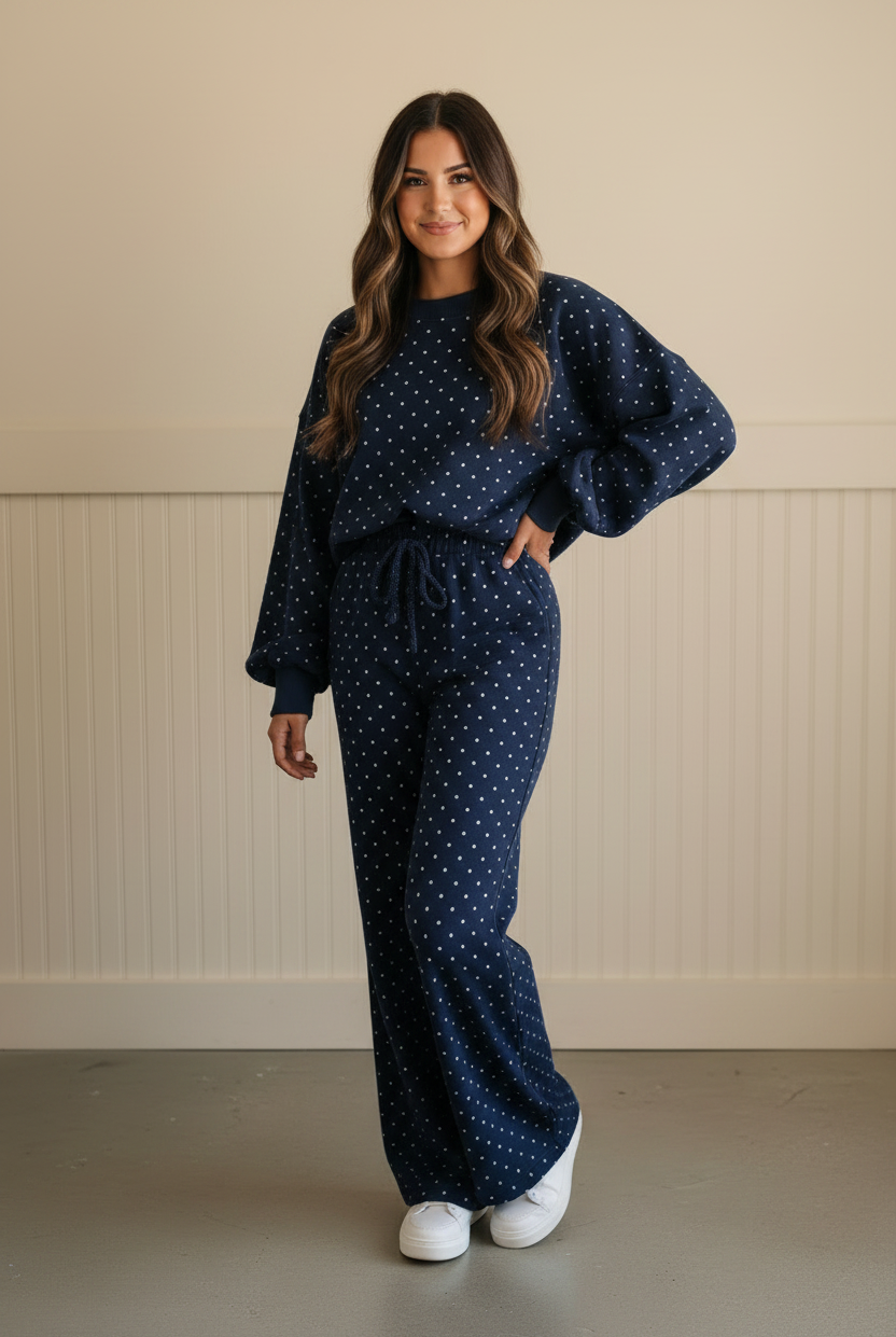 Polka dot lounge set with relaxed-fit long-sleeve shirt and comfortable high-waist pants for casual everyday wear