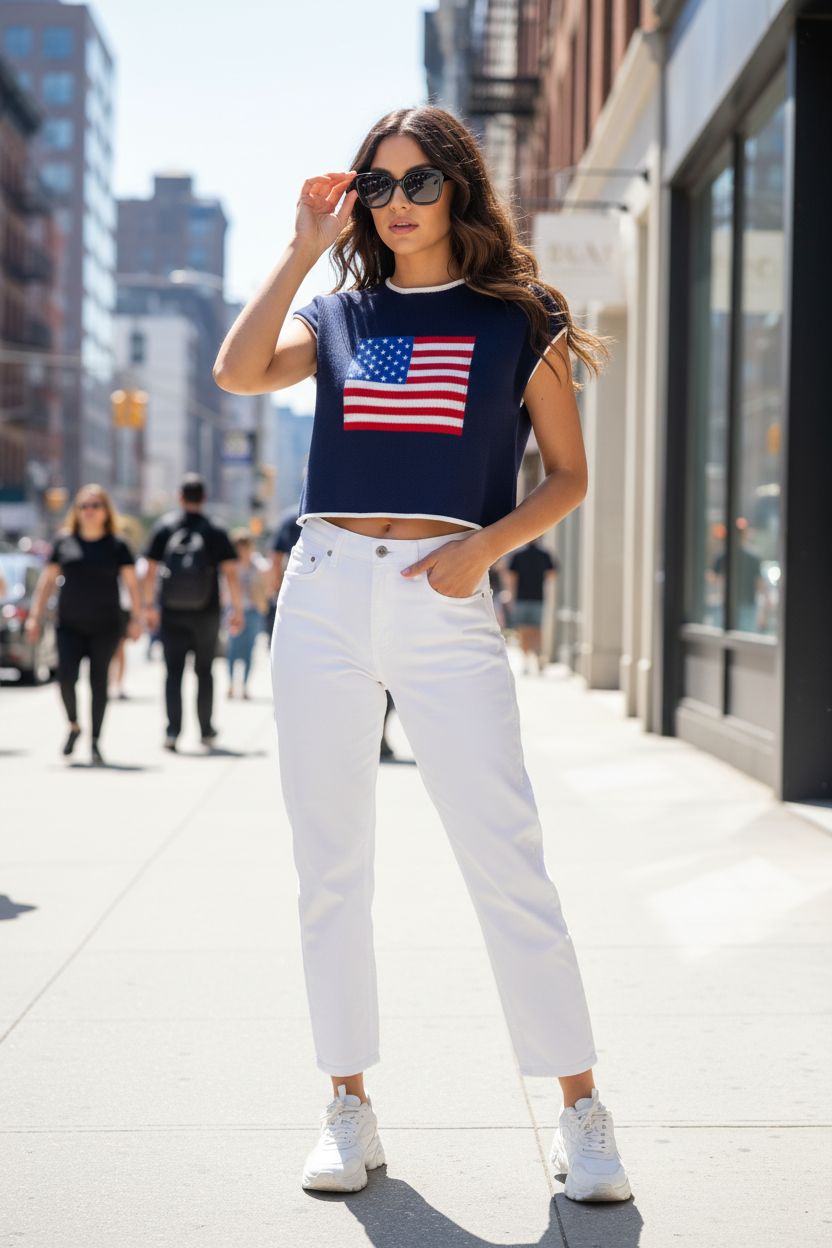Patriotic knit tank top with American flag design, cap sleeves, and contrast rolled trim