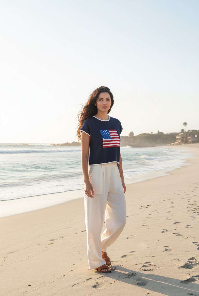 USA flag sweater vest tank with relaxed fit, soft cotton blend, and modern cropped silhouette