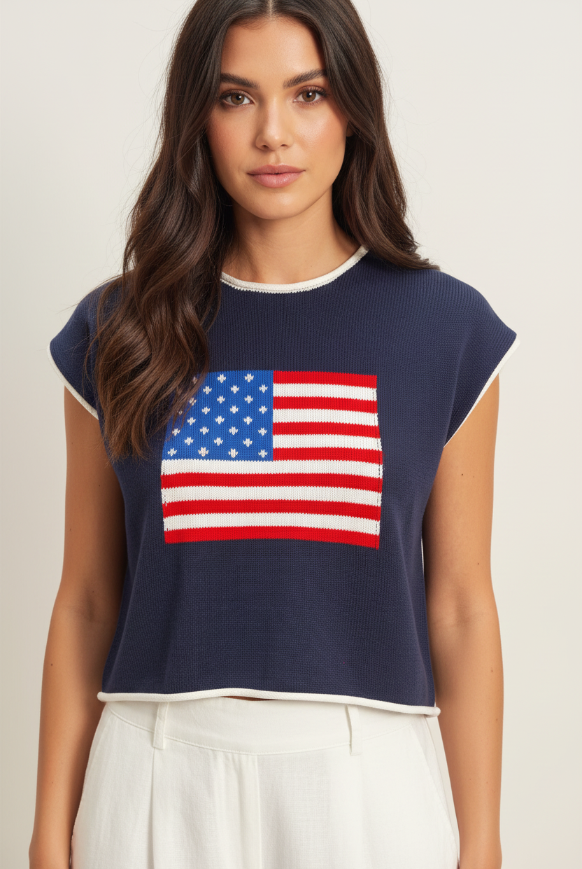Cropped knit tank with bold American flag graphic, rolled edge neckline, and cap sleeves