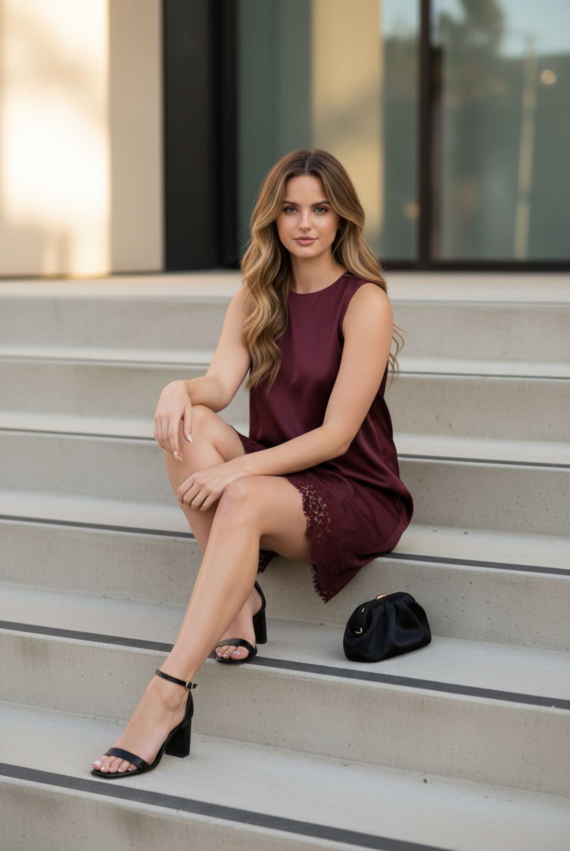 Elegant burgundy satin shift mini dress with statement floral lace hem, scalloped lace detail, smooth satin fabric, modern straight silhouette, sleeveless fit, satin and lace trend dress for bridal showers, celebrations, and date nights.