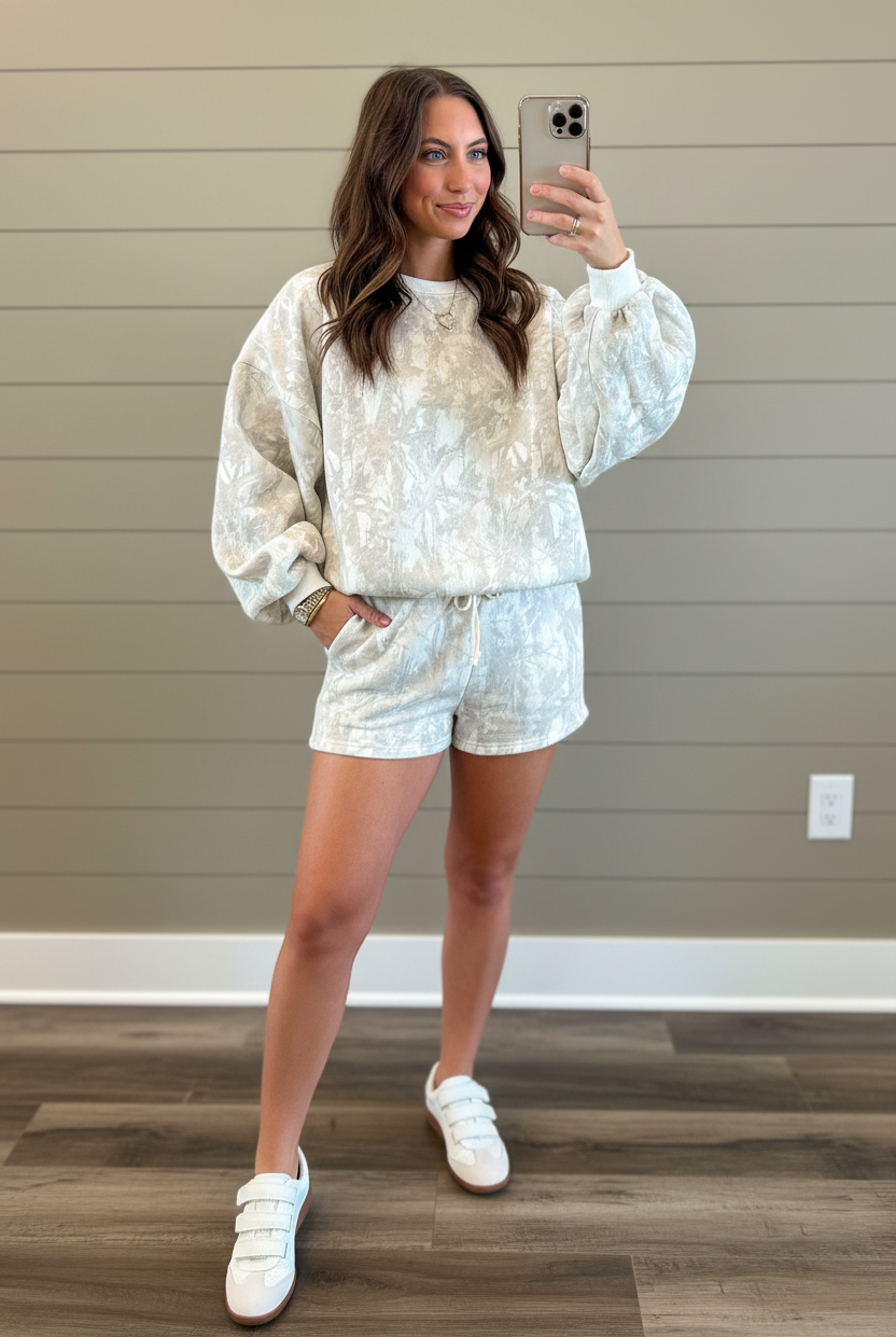 Women’s khaki camouflage shorts set with long sleeve balloon top, ribbed cuffs, and adjustable drawstring waist