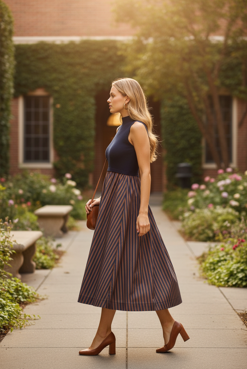 Women's casual striped midi dress styled with sneakers for an elevated everyday outfit, featuring a sleeveless mock neck top, vertical striped skirt, relaxed silhouette, and side pockets.