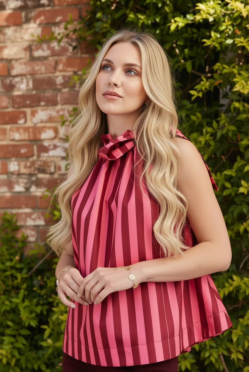 Women's casual striped tie neck top styled for summer, featuring a sleeveless relaxed silhouette, bold vertical stripes, ruffled neckline, and feminine front bow.