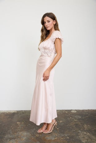 Women's champagne satin midi dress with lace overlay, sweetheart neckline, gathered bust, puff sleeves, sheer lace waist panel, lace trim throughout, flattering midi length, side zipper, elegant occasion dress for weddings, brunches, and date nights.