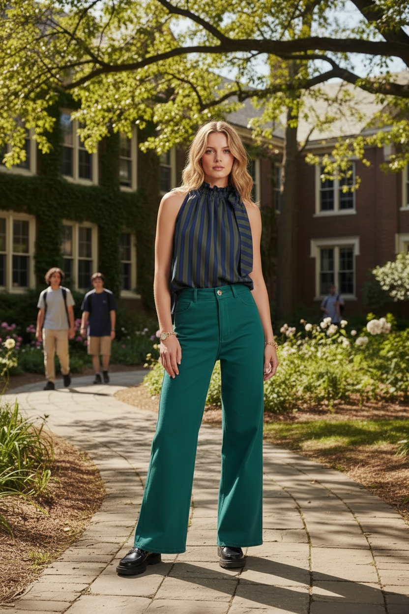 Women's striped ruffle tie neck top featuring bold vertical stripes, a sleeveless relaxed silhouette, ruffled neckline, and self-tie bow detail for a feminine summer look. Navy and Olive