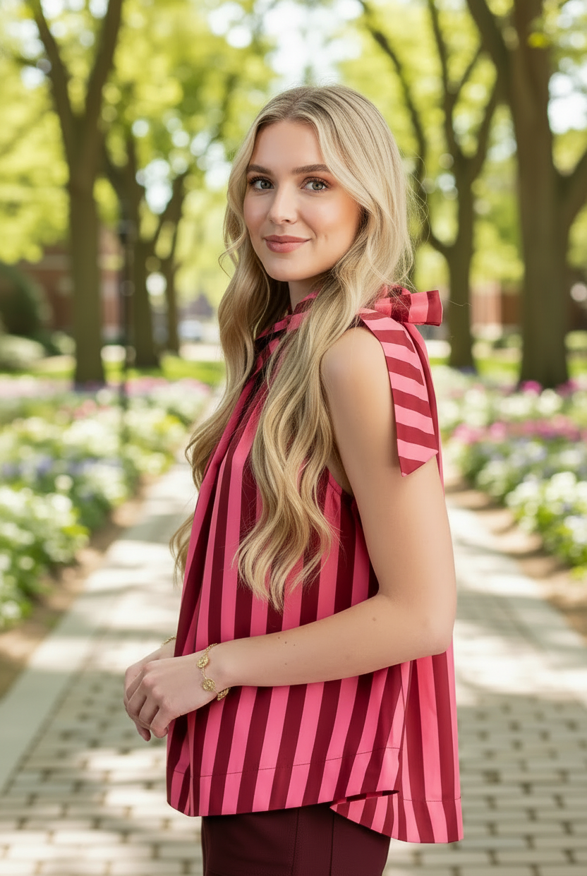 Women's tie neck bow front top featuring a feminine self-tie neckline, ruffled detailing, bold vertical stripe pattern, and sleeveless design.