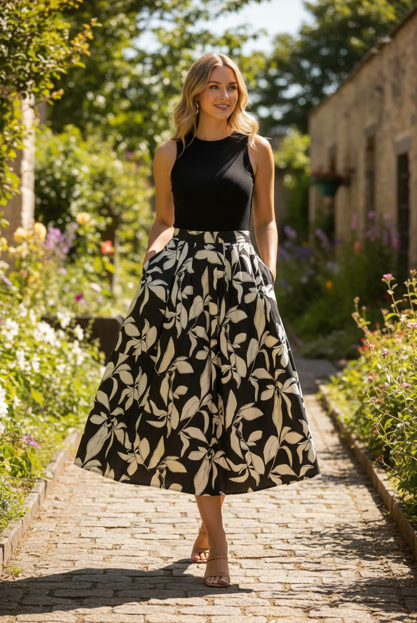Stylish women's leaf print two piece outfit featuring a sleeveless cotton crop top and lightweight pleated midi skirt for vacations, brunch, and summer events.