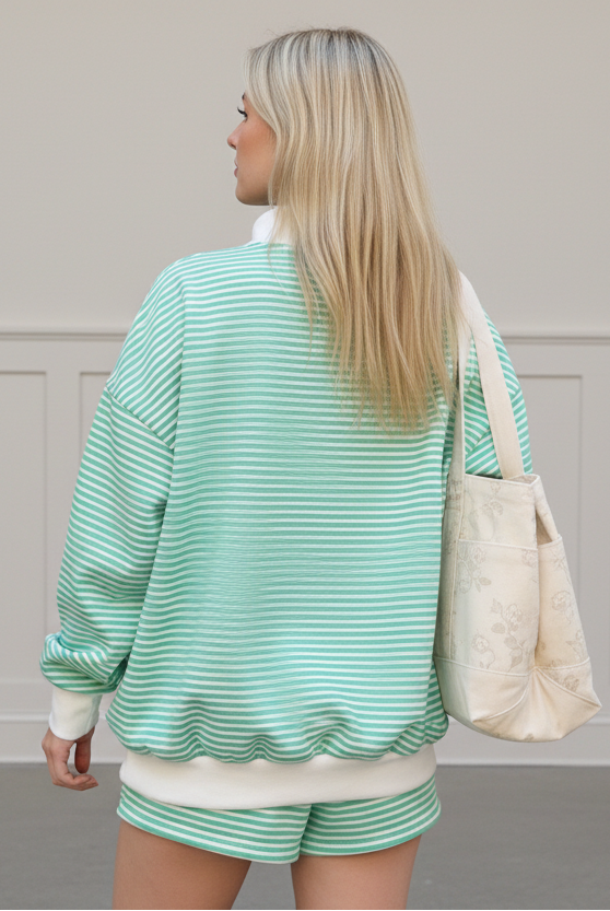 Women’s green striped sweatshirt and shorts set with relaxed oversized fit