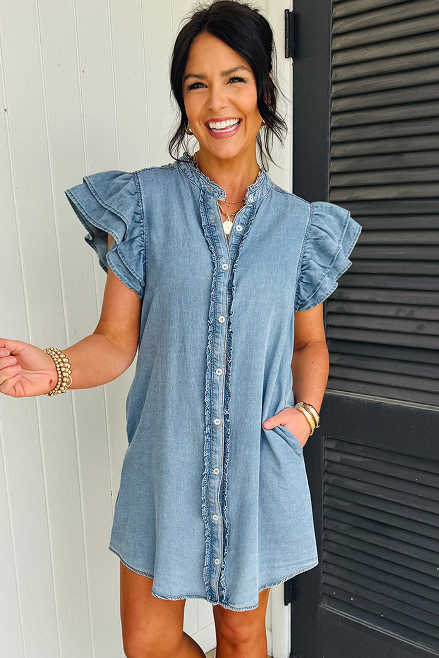 Frilled ruffle sleeve button front denim mini dress with side pockets for women