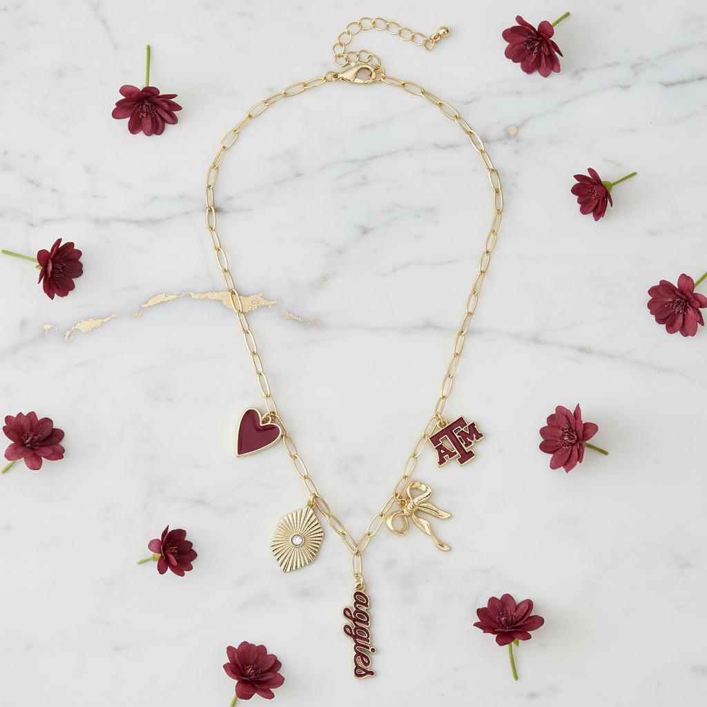 Texas A&M necklace with gold chain and team charm details for game day
