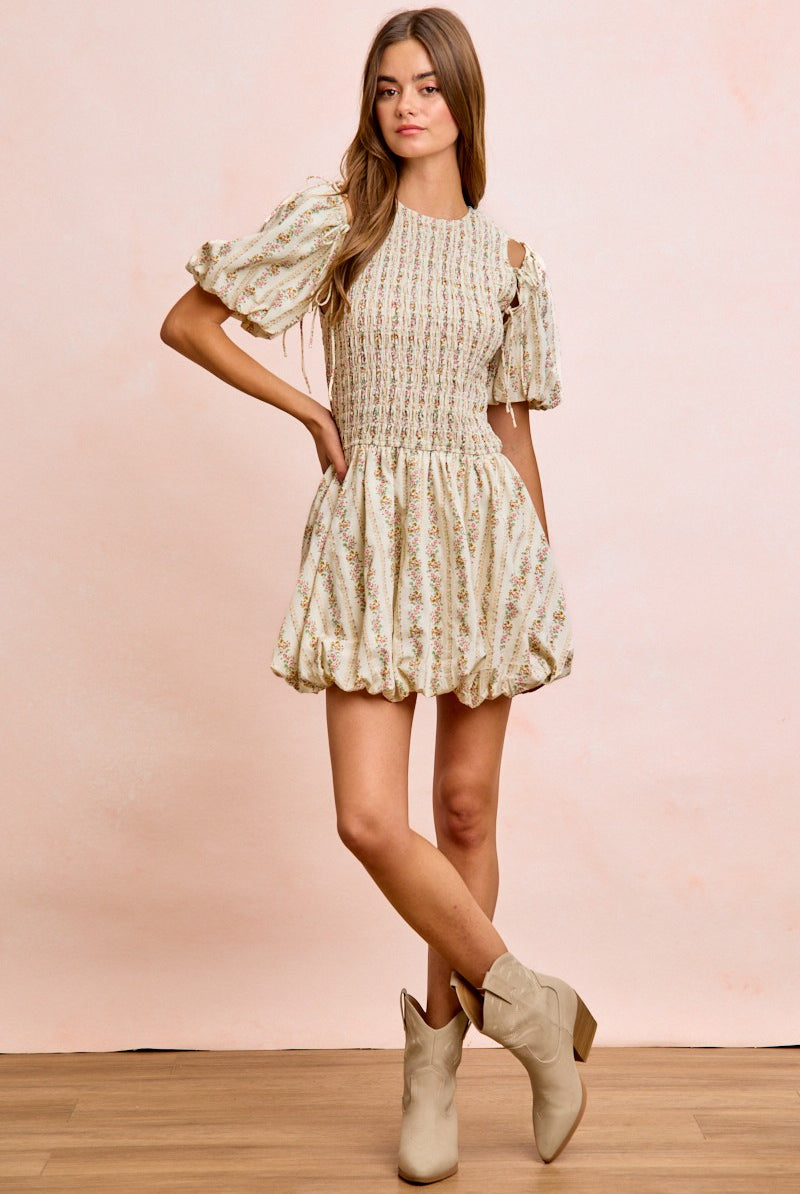 Garden Romance Convertible Dress with detachable puff sleeves in floral print front view