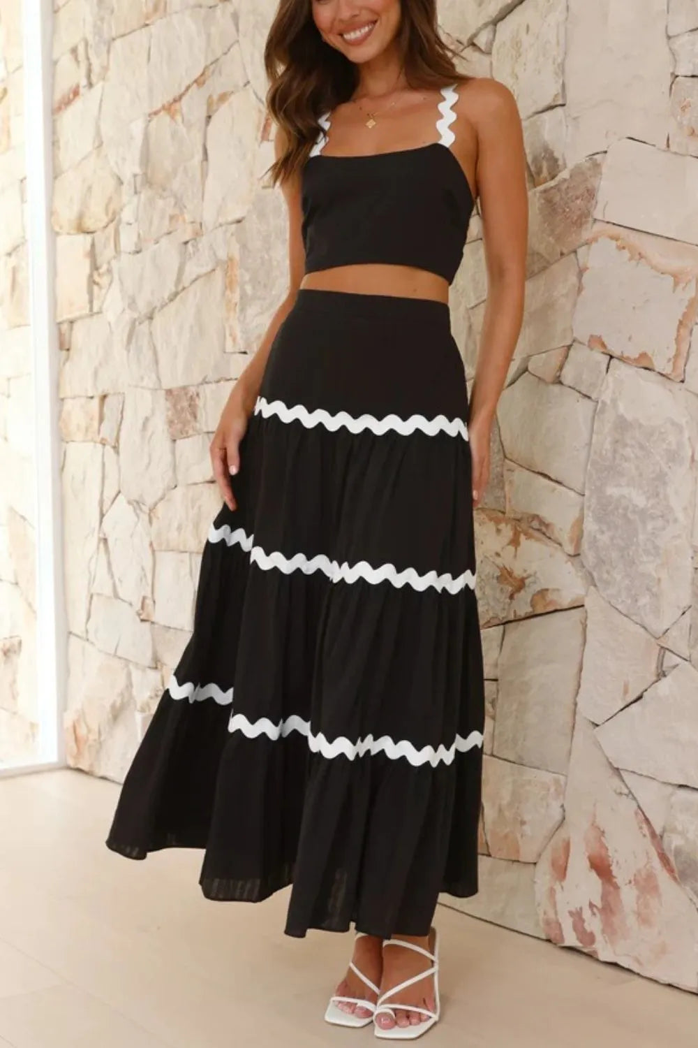 Black and white crop top and maxi skirt set with scalloped ric rac straps and contrast trim perfect for game day