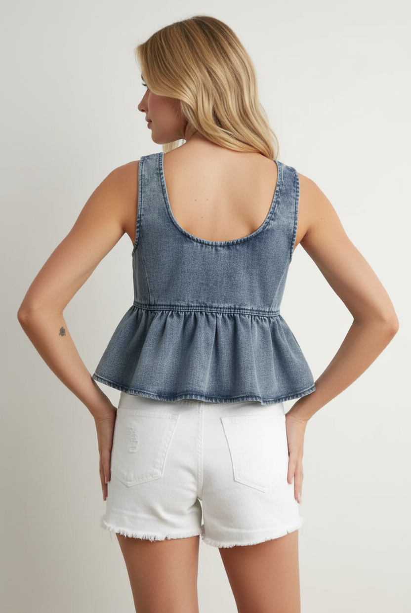 Thread Bar Boutique casual denim vest with tie front detail and ruffle hem for a trendy summer look back view
