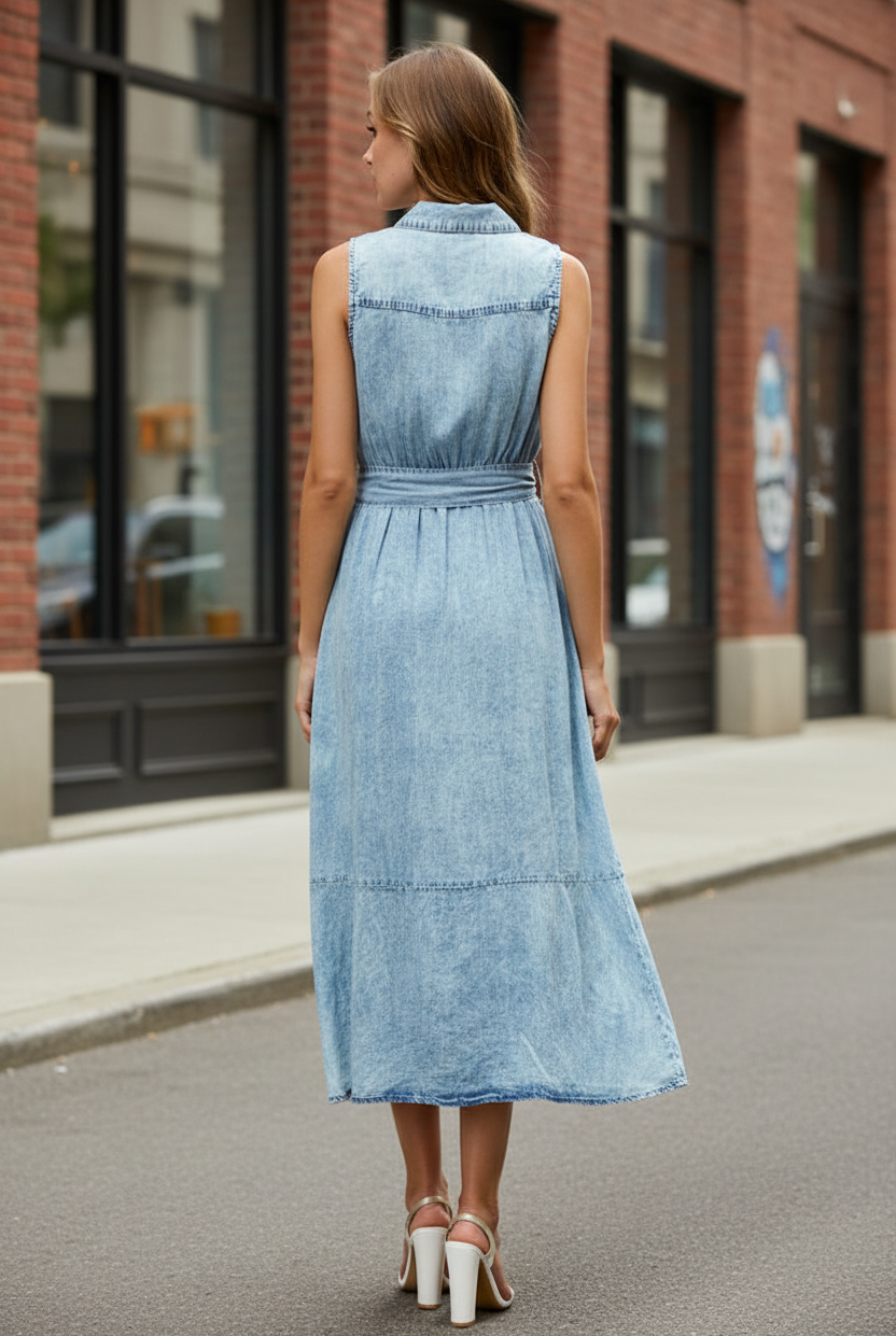 Sleeveless collared midi dress in breathable TENCEL fabric with button front and removable belt, elegant summer style at Thread Bar Boutique