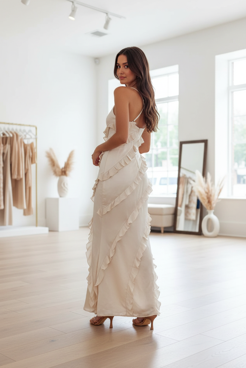back view Flowy maxi dress with delicate ruffle straps, soft fabric, and flattering long silhouette