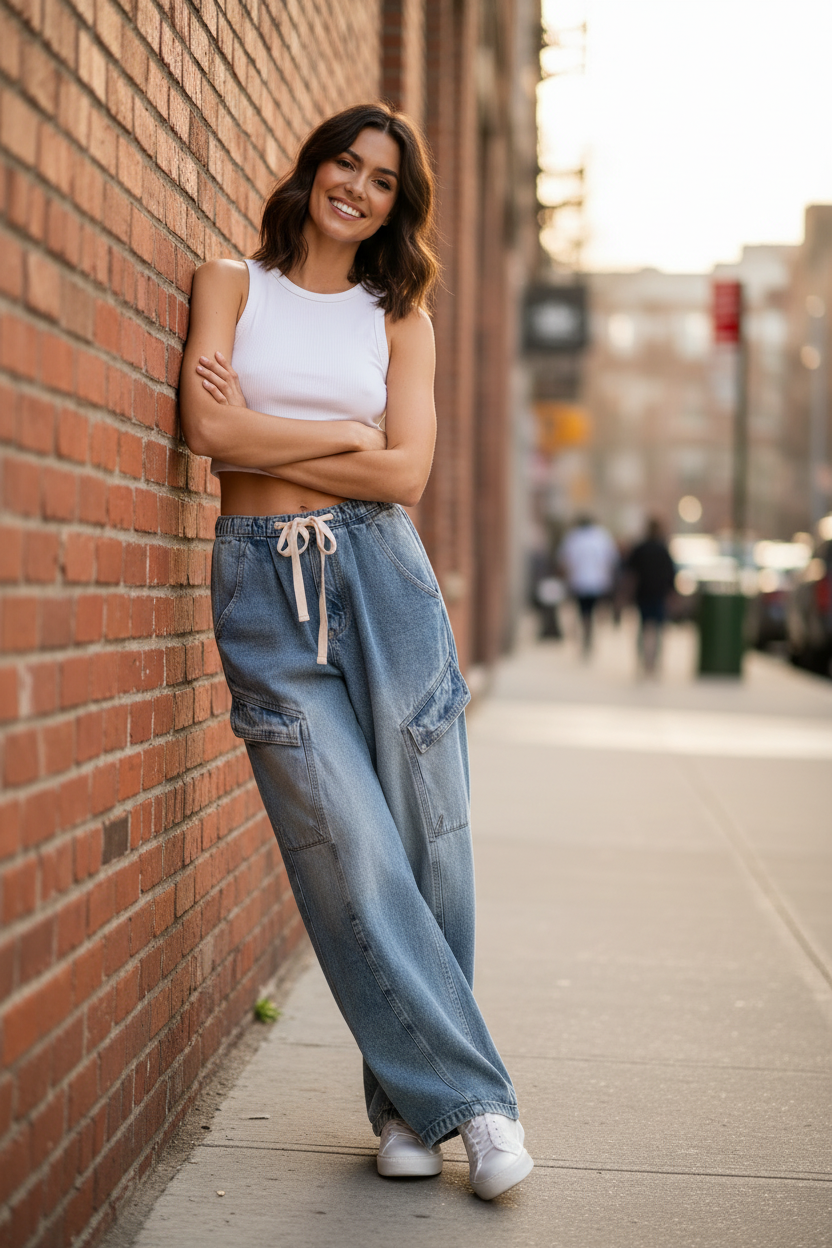 Barrel leg cargo jeans with drawstring waist and relaxed fit denim