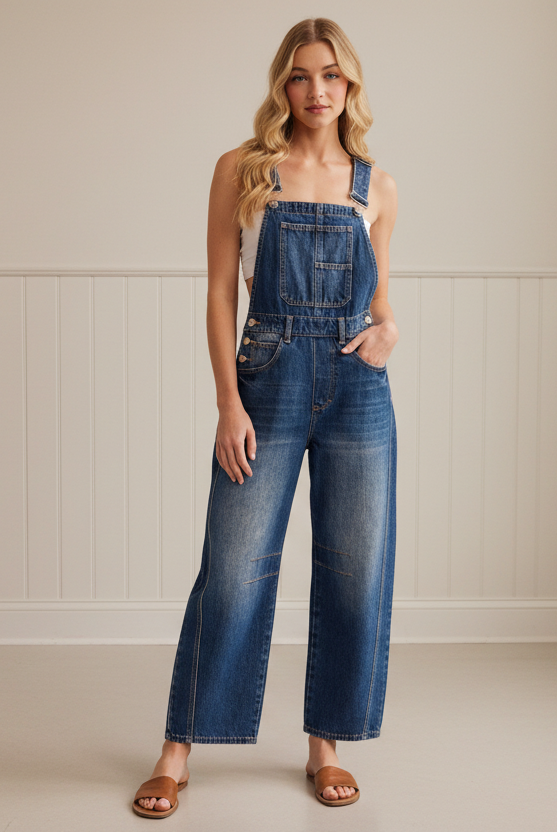 Modern fashion denim overalls for women featuring a voluminous barrel-leg silhouette, tapered hem, classic bib front, adjustable straps, and practical pockets.