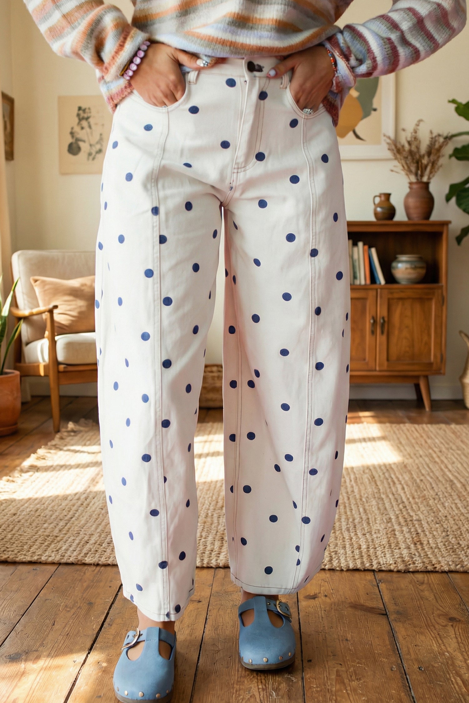 barrel jean blue polka dot print on white