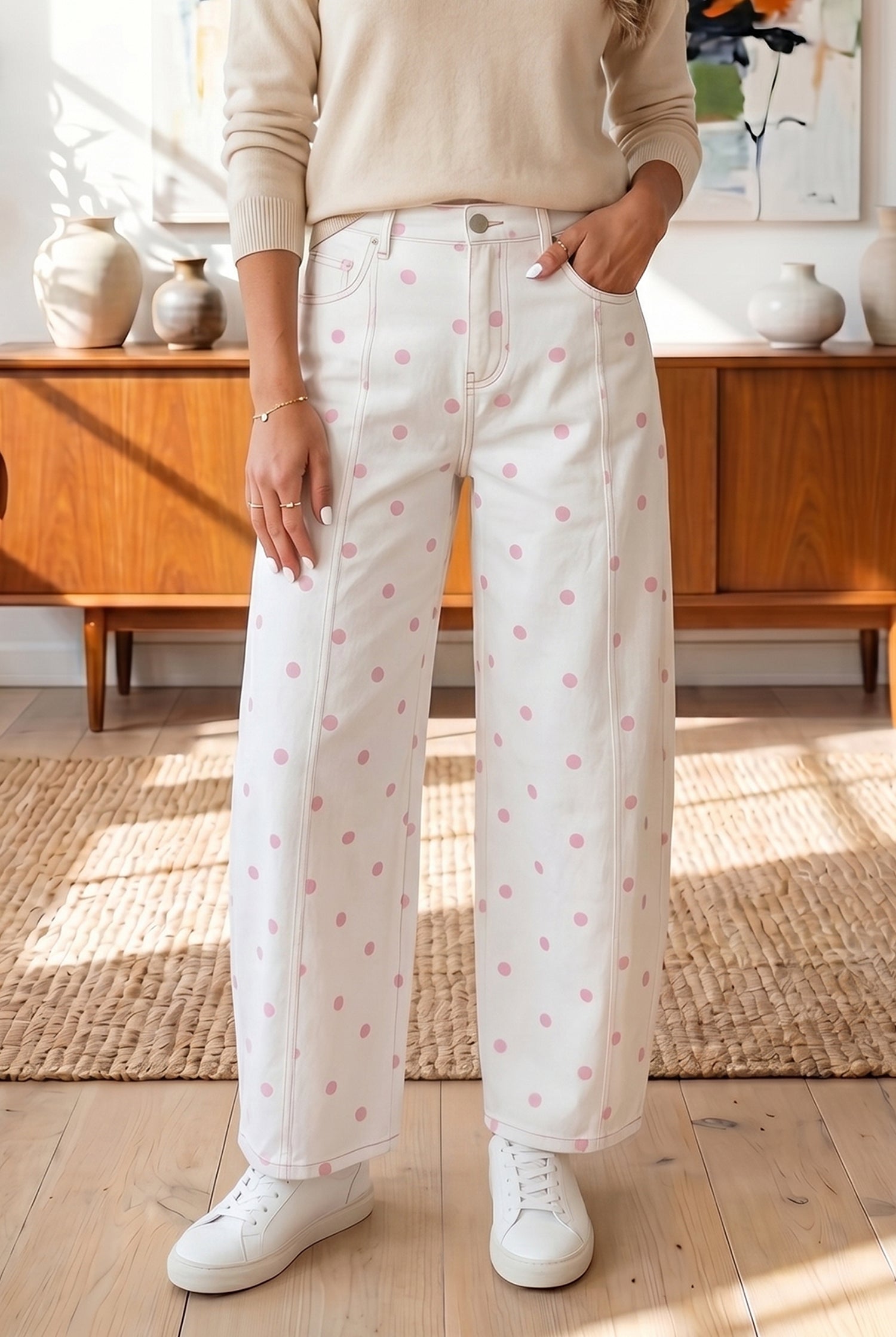 white pants with pink polka dots barrel style