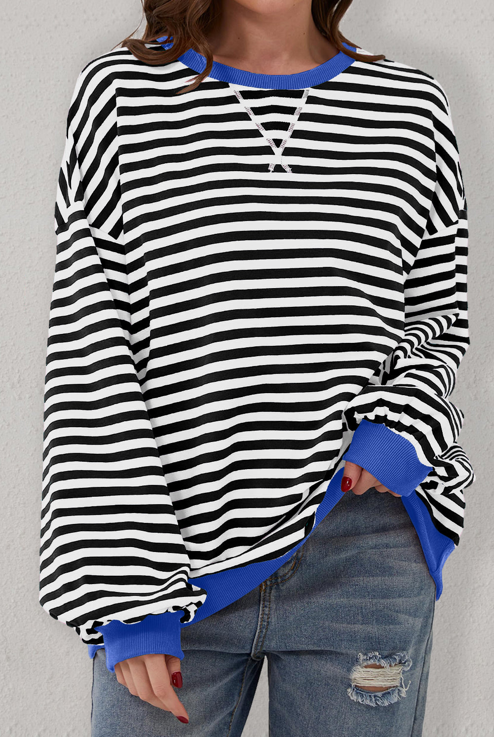 Women’s Casual Cool Stripe Oversized Sweatshirt with drop shoulder and contrast trim in relaxed fit, styled with denim