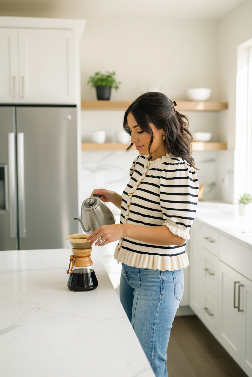 Women’s beige striped button-down cardigan with soft stretch knit and ruffle accents