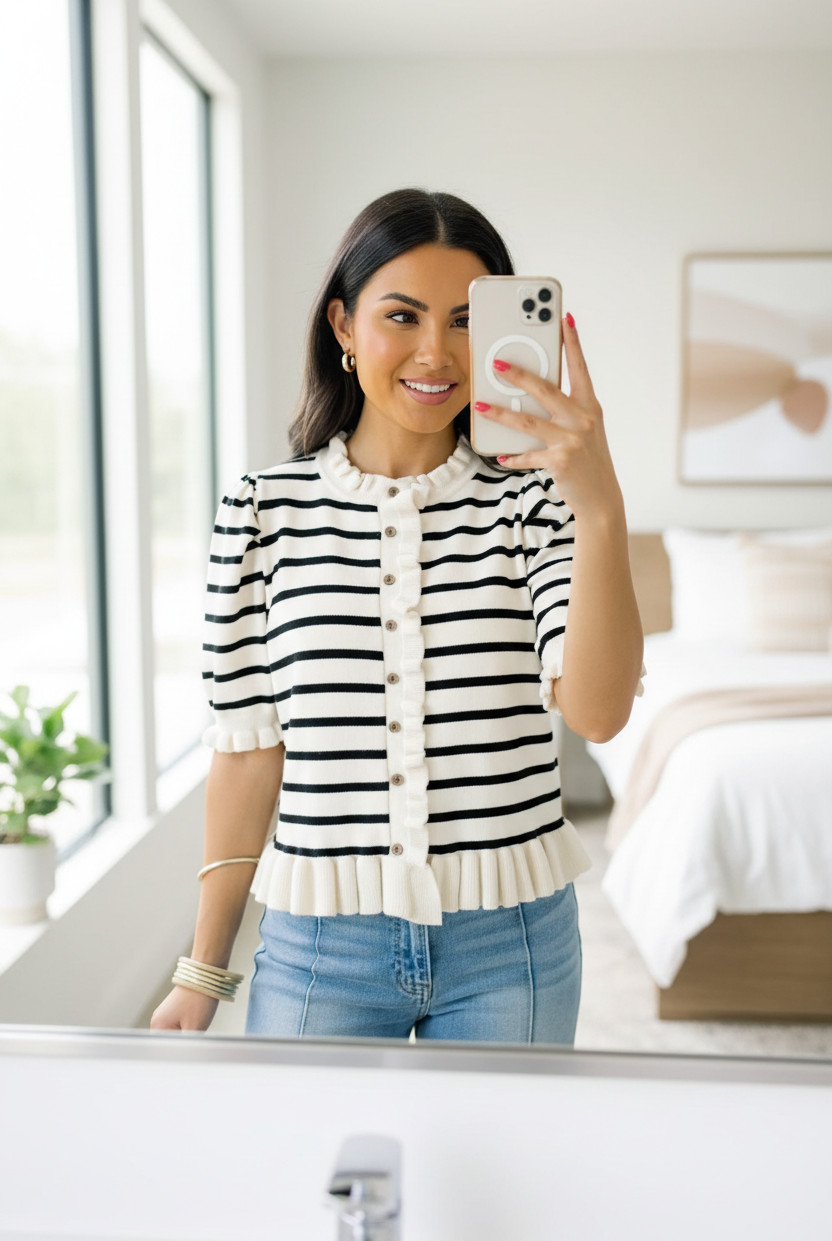 Beige striped short sleeve cardigan with button front and delicate ruffle trim detail