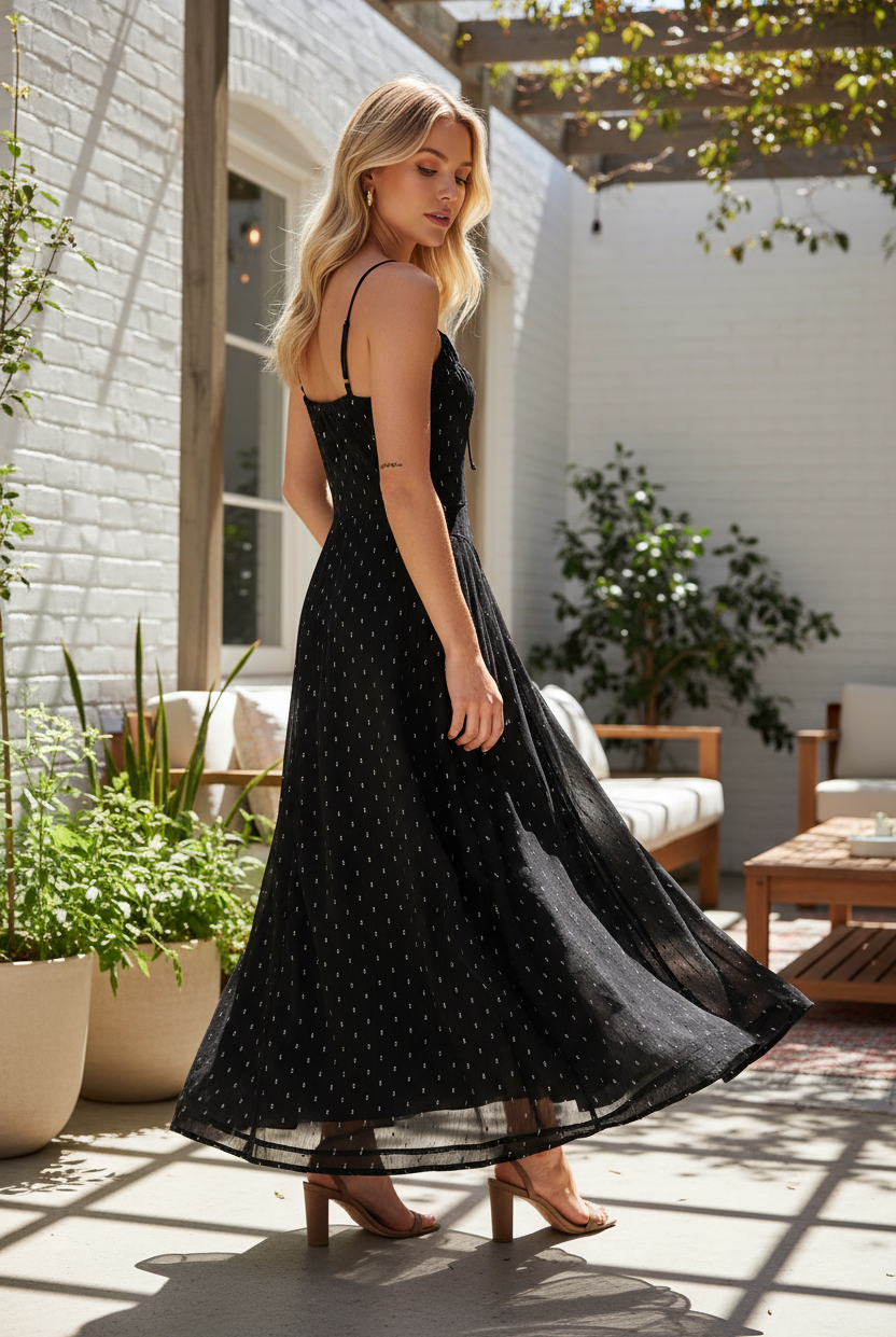 Black polka dot open back maxi dress side view