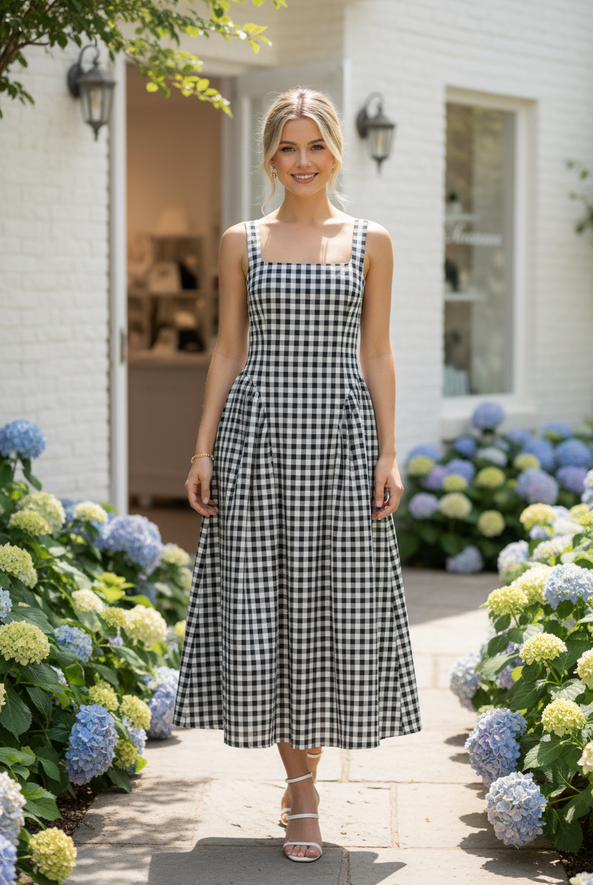 Black gingham midi dress with square neckline and pleated A line skirt