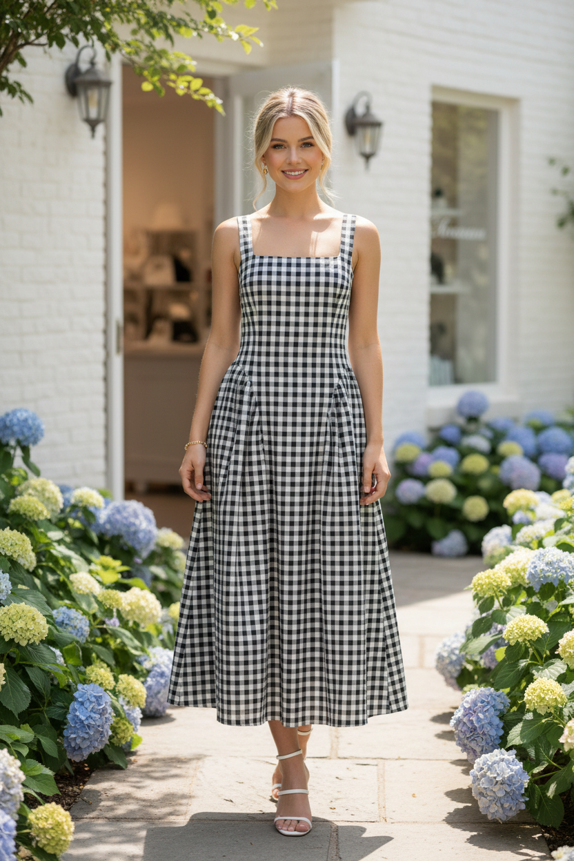 Black gingham midi dress with square neckline and pleated A line skirt