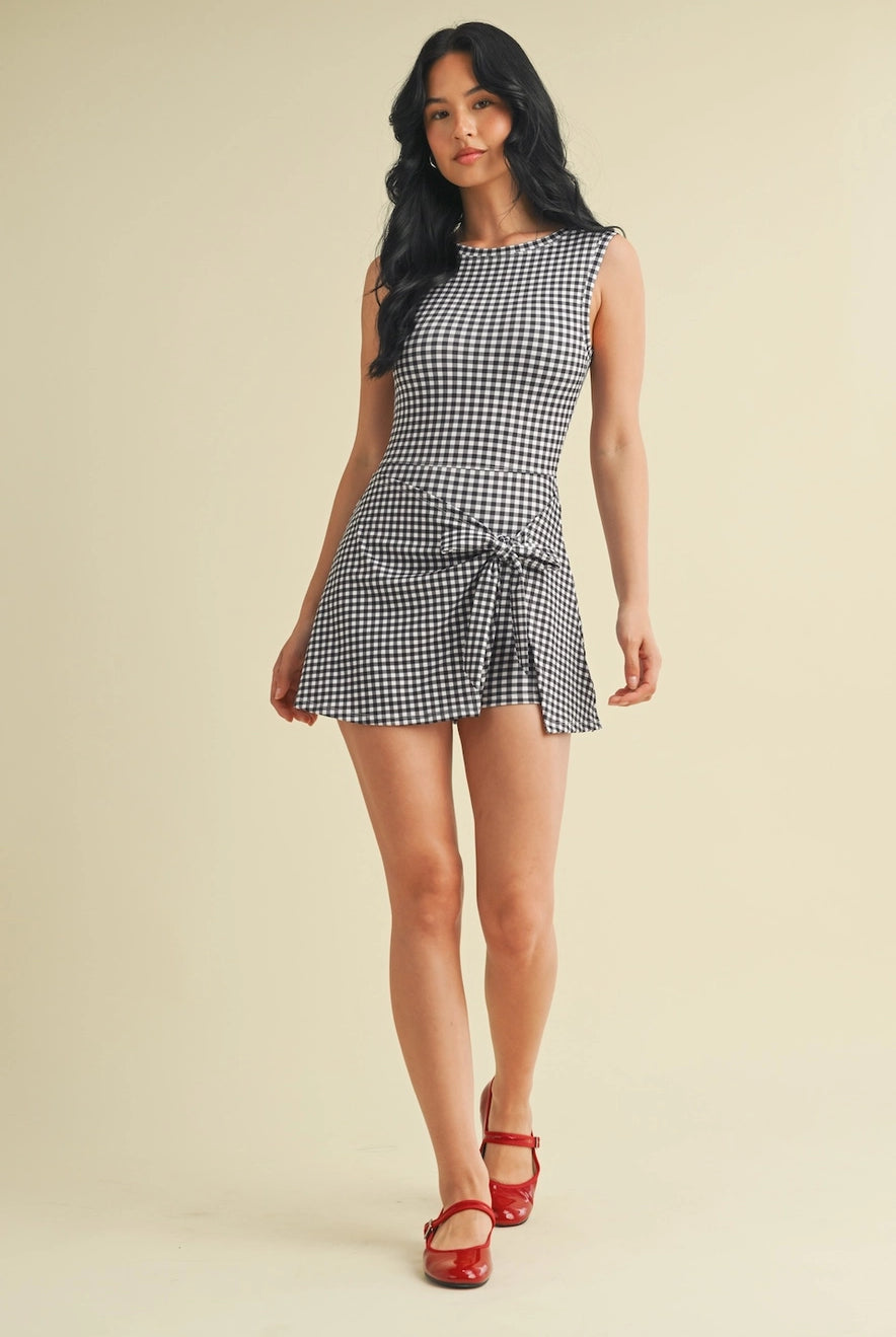 Harper black gingham sleeveless wrap dress with built-in shorts from Thread Bar Boutique sporty chic active dress